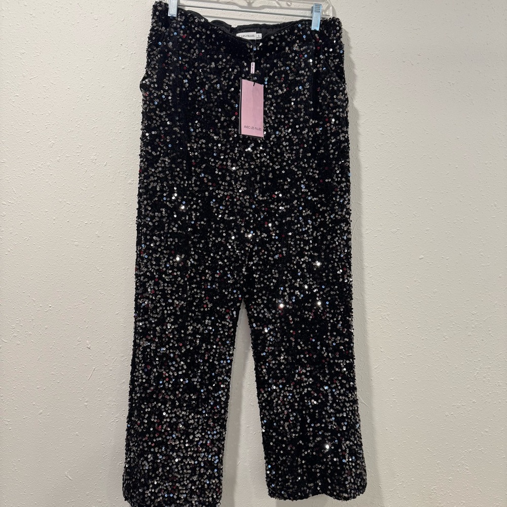 Avec Les Filles Shimmering Sequin Black Trousers